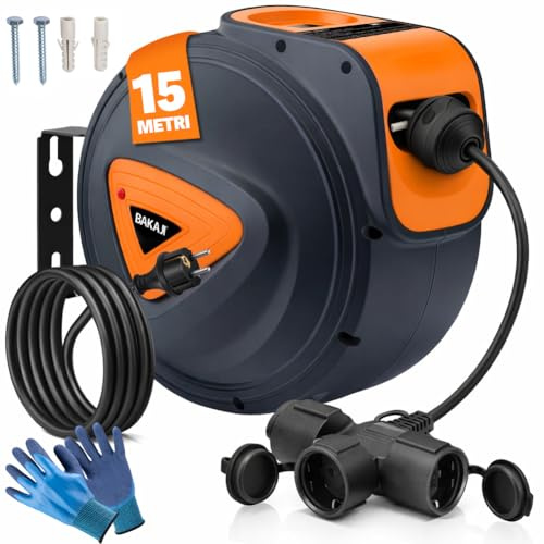 Bakaji Enrouleur de câble électrique avec câble prise Shucko fixation murale système verrouillage automatique, gain de place, rallonge électrique professionnelle et bricolage (15 m 3 prises)