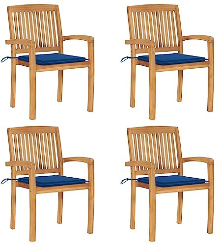 YuuSsea Stapelbara trädgårdsstolar med kuddar av massivt teak 4 stycken väderbeständiga för balkong terrass utomhus med bekvämt vadderat och armstöd platsbesparande och hållbar