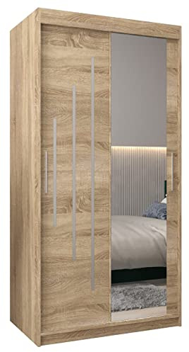 MEBLE KRYSPOL Kleiderschrank mit Spiegel York 2 - Garderobenschrank - Schrank Schlafzimmer - Mehrzweckschrank Zwei Schiebetüren - Regalen - Flur Möbel - Kleiderstange Schrank - Allzweckschrank