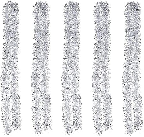 POFET Lot de 5 guirlandes de Noël argentées métallisées brillantes à suspendre pour sapin de Noël, couronne de fête de mariage