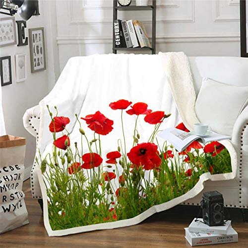 Loussiesd Girls Floral Fleece Throw Blanket Poppies Flowers Print Plush Blanket for Bed Sofa Women Bright Red Flower Sherpa Blanket Botanical Branches Warm Fuzzy Blanket Room Decor Baby 30x40