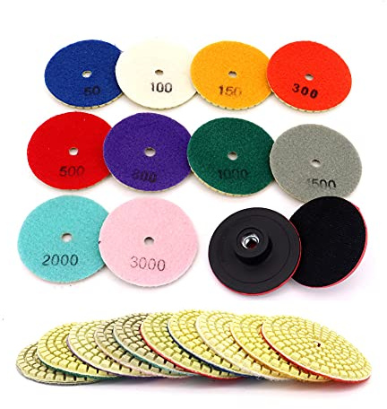 Yuhtech Polierscheiben Set, 12 Pcs 3 Zoll 80mm Diamant Polierpad Nass Schleifscheiben für Beton Marmor Granit Stein 50-3000 Grit, mit 2pcs Backing Halter Disc