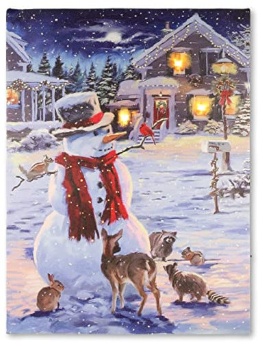 Nexos Trading LED Wandbild Beleuchtung 30x40 cm Schneemann 3 LED Kunstdruck Leuchtbild Weihnachten Batterie Timer 20 Glasfiber