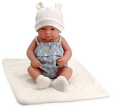 Tachan - Muñeca bebé 40cm, con Ranita con Tela Estampada en Azul, Gorro y Calcetines de Punto, con Manta de Borreguito, Fisico Realista de Bebe (CPA Toy Group Trading S.L. 788T00630)