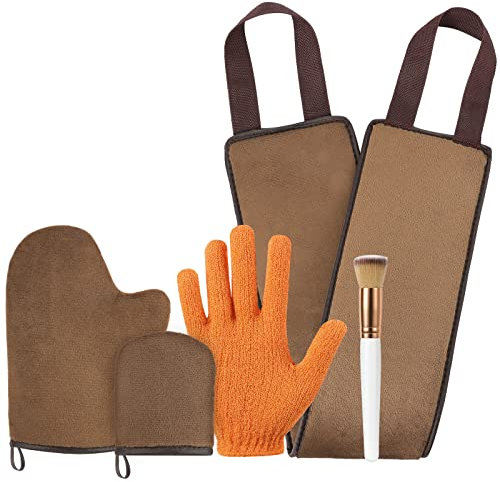 Luxspire Selbstbräuner Handschuh Set mit Pinsel, 5 in 1 Bräunungslotion Rücken Applikator Selbstbräuner Körper Handschuh Bräunungsmousse Exfoliatorhandschuhe für Tanning Mitt Oil Selbstbräuner, Braun