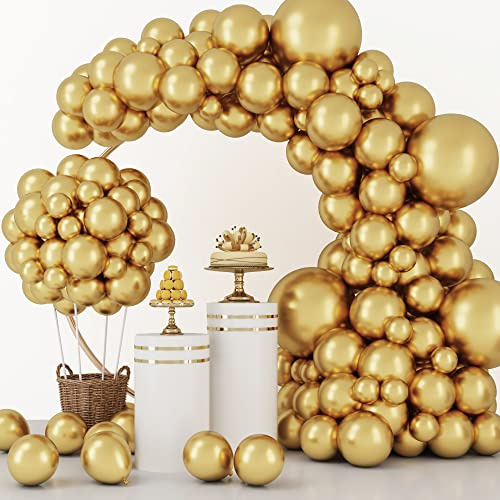 RUBFAC Gold Balloons 129pcs Different Sizes 18 12 10 5 Inch, Metallic Gold Balloon Garland Arch Kit for Graduation Party Wedding Holiday Happy Birthday Decoration