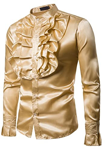 Homme Chemise de Robe Chemise Vintage à Volants à Manches Longues et Col Henley Homme Blouse Brillant Smoking Party Chemise Slim Shirt Club Cérémonie Graduation, or, L