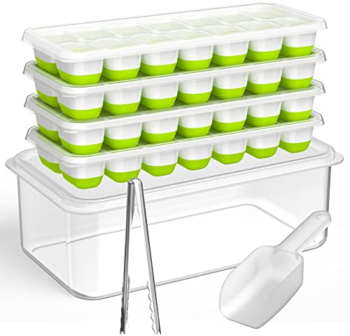DOQAUS Ice Cube Tray with Lid and Ice Bucket Kits [LFGB Certified BPA Free Ice Cube Maker& Container] Silicone Ice Cube Trays for Freezer,Ice Bucket Kits【Storage Ice Bin, Ice Tong & Scoop】