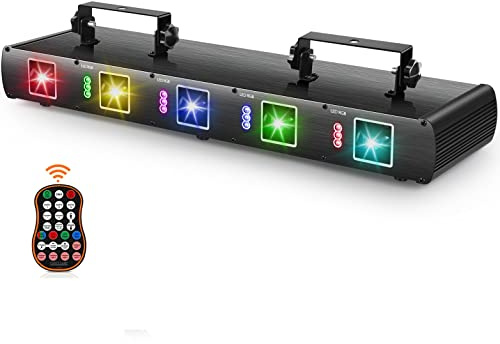 UKing Bühnenlicht DJ Laser Licht, 5 Strahl Effekt Sound Aktiviert DJ Party Lichter RGBYC LED Projektor Party Lichter Musik Lichter mit Fernbedienung DMX für Tanzen Geburtstag Bar Pub Bühnenbeleuchtung