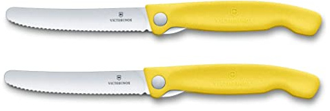 Victorinox | Faltbares Tafelmesser mit Wellenschliff | Swiss Classic | 2er Set Gelb | Profi Tomatenmesser | ideal zum Camping