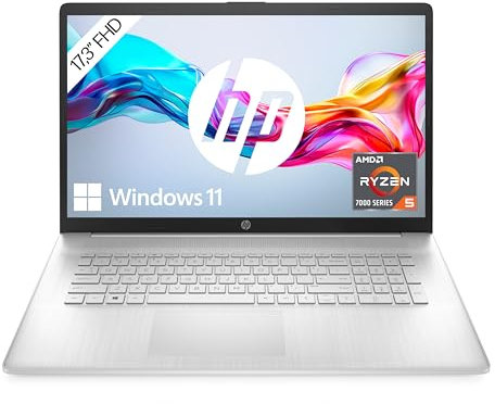 HP Laptop mit 17,3 Zoll (43,9 cm) FHD IPS Display, AMD Ryzen 5 7520U, 8 GB RAM, 512GB SSD, AMD Radeon-Grafikkarte, Windows 11 Home, QWERTZ-Tastatur, HP Fast Charge, Silber