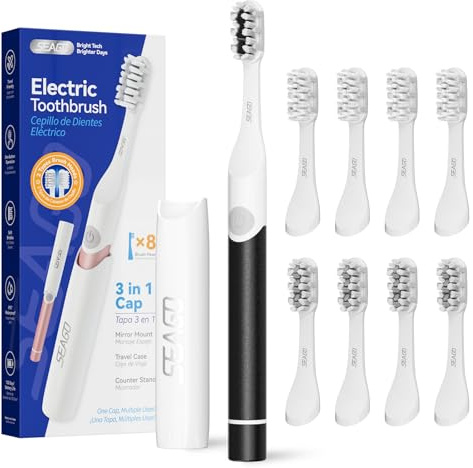 Seago Elektrische Zahnbürste Kinder für Reise, Schallzahnbürste, 2 Putzmodi, 24000 Vibrationen pro Minute, 8 Ersatzköpfe, Tragbare Batterie Zahnbürste, Elektrische Reisezahnbürste, SG-2102 (Schwarz)