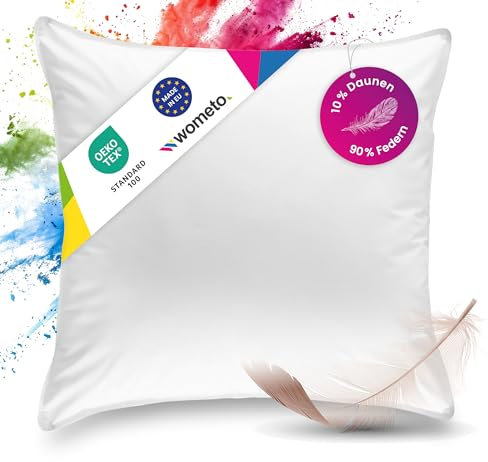 wometo Premium Oeko-TEX Feder- & Daunenkissen 80x80-90% Federn 10% Daunen Kopfkissen mit 1200 g Füllung Bezug Baumwolle weiß (Federkissen//Schlafkissen/Federkopfkissen)