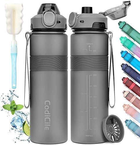 CodiCile Botella Agua, Botella de Agua Deportiva sin BPA, Botella Gimnasio a prueba de fugas, Botella agua 1 litro ideal para gym, escuela, oficina y viajes (Gris oscuro)