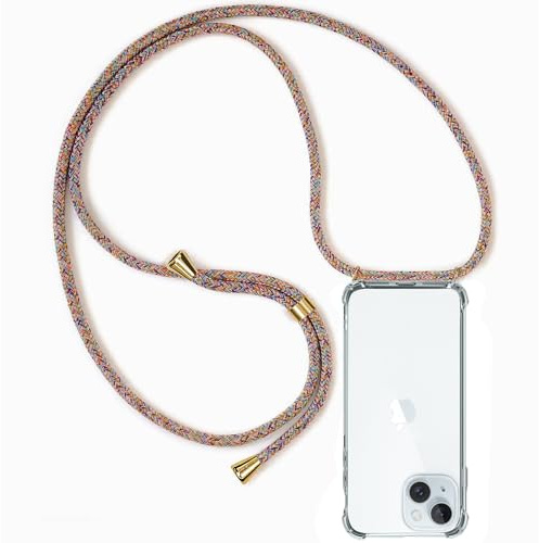 ZYIMOU für iPhone 15 Hülle mit Band, Handyhülle iPhone 15 Handyband Hülle mit Kette Schutzhülle Kordel zum Umhängen Transparent Weich TPU Silikon Bumper, Rainbow