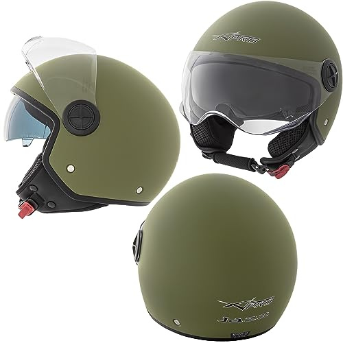 Casco Jet Moto Aperto Visiera Parasole ECE 22-06 Scooter Antigraffio Verde Opaco M