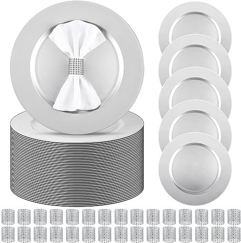 Tanlade 100 Pcs Charger Plates Set Bulk Include 50 Plastic Plate Chargers and 50 Napkin Rings 13 Round for Dinner Table Setting Wedding Baby Shower Decoration(Silver)