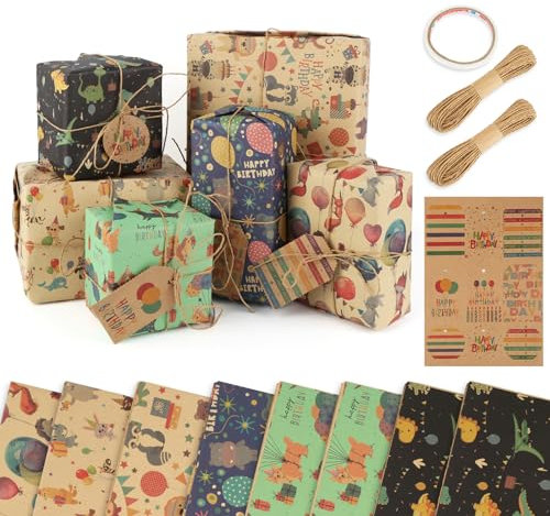 8 Stück Kraft Geschenkpapier Rolle, 70 * 50cm Cartoon Tier Mit Klebeband und Schnur für Kinder, Männer, Frauen, Mädchen, Jungen