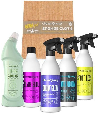 Cleangang WC und Badreiniger-Set für effektive Reinigung & frischen Duft - WC-Reiniger und Spray, Rohrreiniger, Duschkabinenreiniger, Kalkreiniger und Schwammtücher - Alles fürs Badezimmer