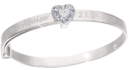 DV DOLCE VALENTINA Personalised Girlish Silver Bangle with Heart and White CZ, Keepsake Bracelet for Girl, Birthday, Baptism, Christening or Any Special Occasion from, (1-3yrs)