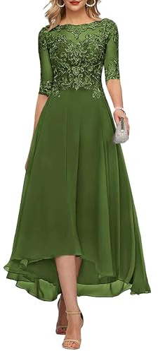 KURFACE, abito da sera da donna, in pizzo e applique, lunghezza tè, madre della sposa, per matrimonio, con maniche lunghe, in chiffon, elegante, Verde oliva, 48