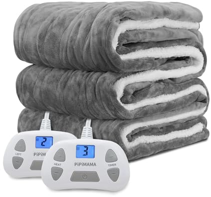 PiPiMAMA Heated Blanket King Size Dual Control 100x 90 Flannel & Sherpa Electric Blanket King with 10 Heating Levels,12 Hours Auto Shut-Off，Machine Washable (Gray)