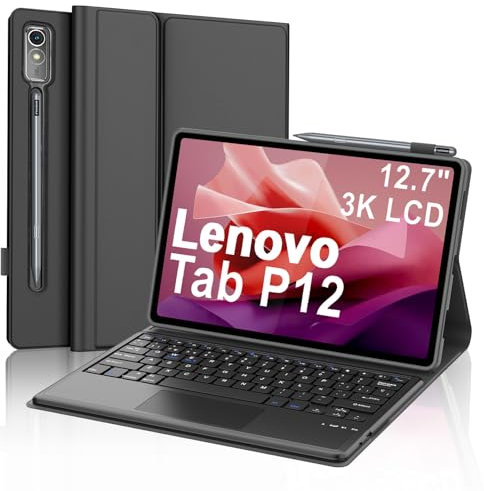 SENGBIRCH Funda Teclado para Lenovo Tab P12 12.7 con Touchpad, Teclado Español Ñ Bluetooth Inalámbrico Desmontable para Lenovo P12 Tablet 2023 12.7 TB370FU, Negro
