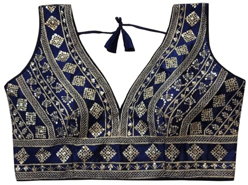 IMTRA FASHION Indian Readymade Tussar Silk Saree Blouse for Women Crop Top Choli-Navy Blue-34