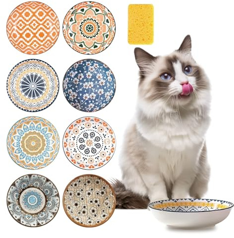 8 PCS Ceramic Cat Food Bowl Set 5.5 In Ceramic Cat Dish with Sponge Brush