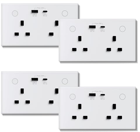 BSEED WiFi Socket 2 Gang with USB and Type C Compatible with Alexa and Google Home, Metered Socket With APP Remote Control Compatible with Smart Life, Timer Outlet Smart Outlet 16A White, 4 Pack