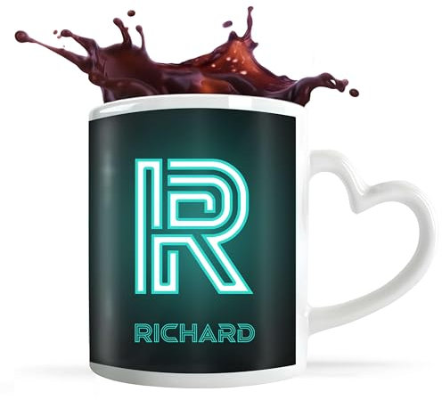 Planetee Tasse Coeur Richard Lettre Neon | Mug avec anse en forme de Coeur | Idée Cadeau Prénom Gamer Geek Futuriste Moderne Anniversaire Papa Collègue Départ Retraite Noël