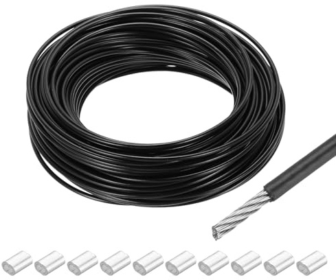 QUARKZMAN 98Ft(30m) Cavo Acciaio Inossidabile 304 Fune 1/8(3mm) Rivestito in Vinile con 10Pz Manicotti in Alluminio per Appendere, Filo Stendibiancheria per Esterno, Sollevare Nero