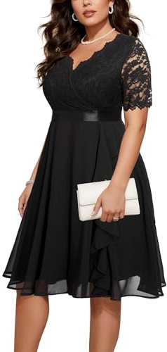 Talisea Plus Size Black Wedding Guest Lace Chiffon Tea Length Dress | Delicate lace bodice / ruffle chiffon skirt / elegant V neck / tea length / light flowy movement