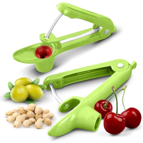 Cheer Collection Stainless Steel Cherry and Olive Pitter – Small Cherry Pitter Tool for Easy Seed Removal, Pit Remover & Olive Press, Ergonomic One-Hand Design for Quick and Mess-Free Pitting,Green