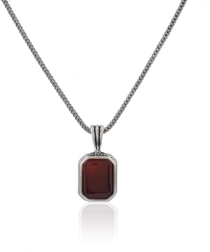 Jewellery Pit Collar de piedra granate en plata de ley para hombres - Cadena con colgante gótico estilo biker y paño de pulido de plata de regalo