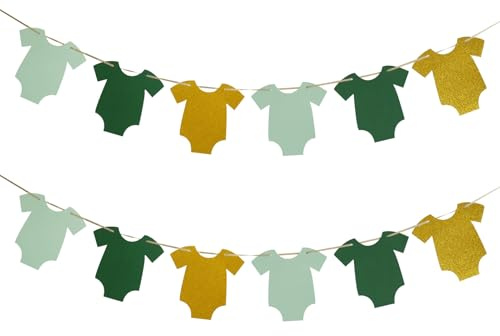 Prestrung Babyparty Girlanden Papier Onesies-Banner Neutrale Party Deko | Grün Gold Baby Shower Wachsen Girlande für Mädchen Junge Gender Reveal Willkommen Baby-Party Dekoration Kinderzimmer Deko