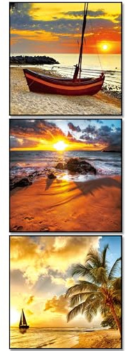 BERLIG Glasbilder Set 3er 30x30 cm Sicherheitsglas – Moderne Wandbilder für Wohnzimmer, Küche & Bad – Sonnenuntergang, Strand, Kaffee & Spa – inkl. Geschenkbox