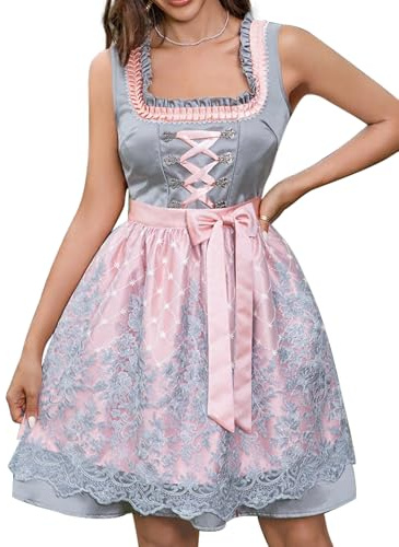 Aibaowedding Traditionelles Costume Dress 2-Piece Women's Dirndl Dress mit Spitzenschürze Midi-Länge Oktoberfest Trachtenkleid mit Schleife (M,Grau Rosa)