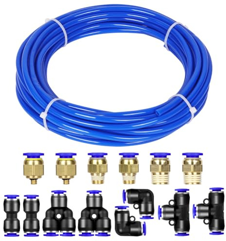 ANOMM Tubo Pneumatico PU 6mm OD 4mm ID, 10M Tubo Compressore Aria, con 14 Pcs Pneumatico Attacchi Rapidi, Blu