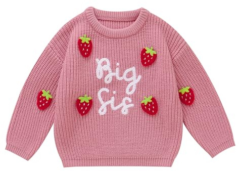Winmany Baby flicka stickad tröja småbarn jordgubbe storssyster tryck pullover sweatshirt höst vinter långärmad varm jumper topp, Rosa, 2-3 År
