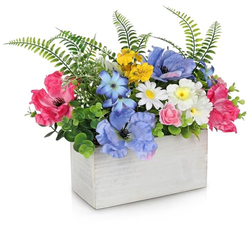 Briful Table Floral Arrangement Centerpiece, Artificial Flowers in Wooden Vase, Silk Flowers for Home Decor Indoor, Spring Summer Flower Farmhouse Table Decor for Dining Table, Coffee Table, Shelf