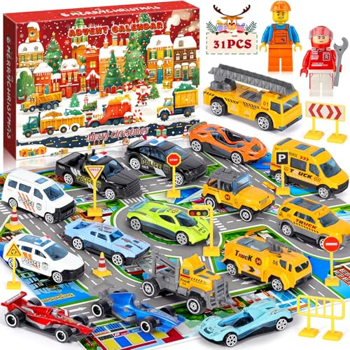 POWZOO Calendario Adviento Coches 2025, 31 Piezas con 16 Coches de Juguete (4 Policía,6 Deportivos,6 de Carretera),14 Señales de Tráfico,1 Alfombra Ciudad,Regalo Navidad para Niños 1-6 Años​​