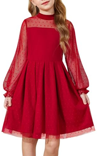 Arshiner Vestido de Rojo Niñas Navidad Fiesta Moda Manga Larga Corte A Festivos Vestidos para Niños Otoño Invierno Vestido Casual Ropa para Niñas 10-11 Años