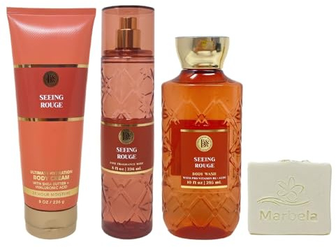 Bath & Body Works Seeing Rouge Trio Gift Set - Body Cream, Fragrance Mist and Body Wash - with a Natural Oats Bar Soap - Full Size