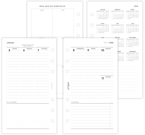 pen & pages® Kalender 2026 Spalten + ToDo 1 Woche auf 2 Seiten Personal 9,5 x 17,1 cm Kalendereinlage für Ringbuch mit DACH Feiertagen und Jahresübersicht 6 fach Lochung