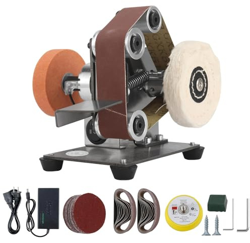 Mini Lijadora Eléctrica De Banda, Máquina Pulidora Y Esmeriladora Multifuncional Para Bricolaje Con Banda Abrasiva, Muela Abrasiva Y Rueda Pulidora De Lana, 7 Velocidades Ajustables Y 4000-9000 R/min