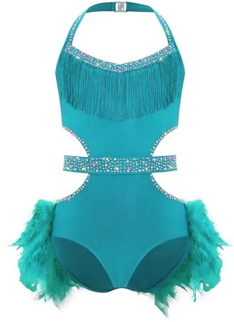 LiiYii Filles Gymnastique Justaucorps Body Danse Latino Américaine Tango Avec Pompons Strass Robe Patinage Artistique Avec Plumes Costume Danse Samba Rumba Salsa Turquoise 13-14 ans