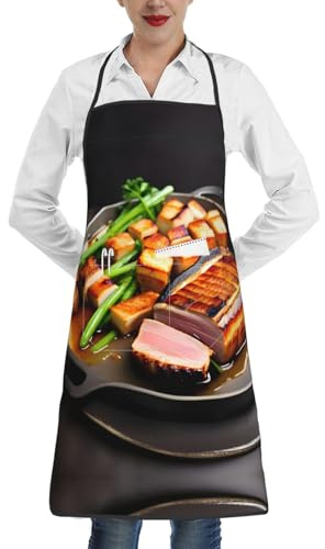BLWSLC Deliziosa carne alla griglia Grembiule da cucina a fantasia, grembiule da cucina regolabile, adatto per barbecue, ristoranti, giardinaggio e fioristi.