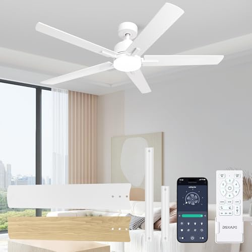 DSNAPE Ventilatore a Soffitto con Luce 132cm, Lampada Ventilatore 5 Pale con Telecomando & App, Comando a Distanza, Motore DC Silenzioso, per Soggiorno Camera da Letto, Bianco