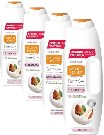 Natural Honey, Gel de Ducha Hidratante con Extracto de Almendras y Hydradermal Complex, Hidratación Intensa y Duradera para una Piel Suave, Fresca y Protegida, Línea Derma Care, 1350 ml (Paquete de 4)